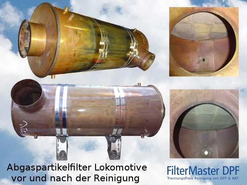 Abgaspartikelfilter aus Lokomotive vor und nach der Reinigung mit FilterMaster