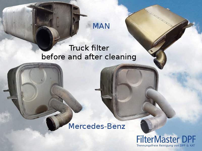 Truck filter before and after cleaning with FilterMaster | up MAN, down Mercedes-Benz