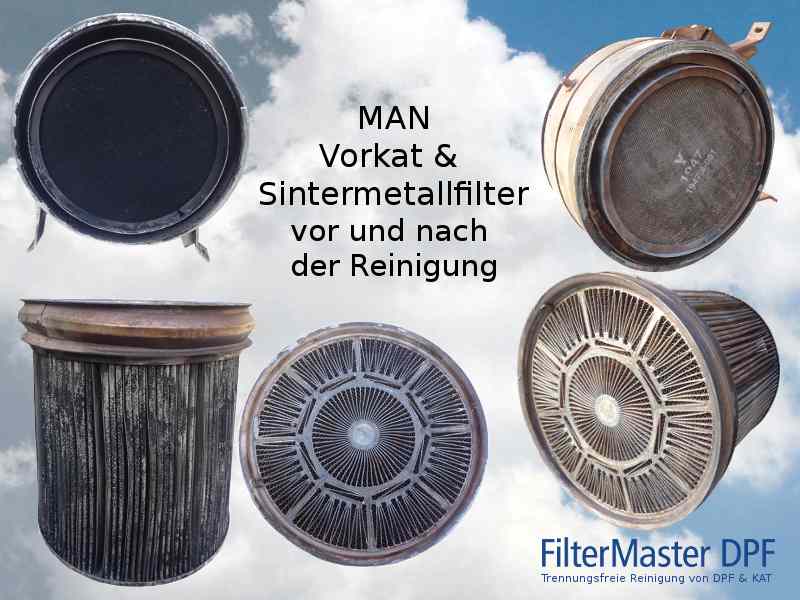 MAN Vorkat & Sintermetallfilter vor und nach der Reinigung mit FilterMaster